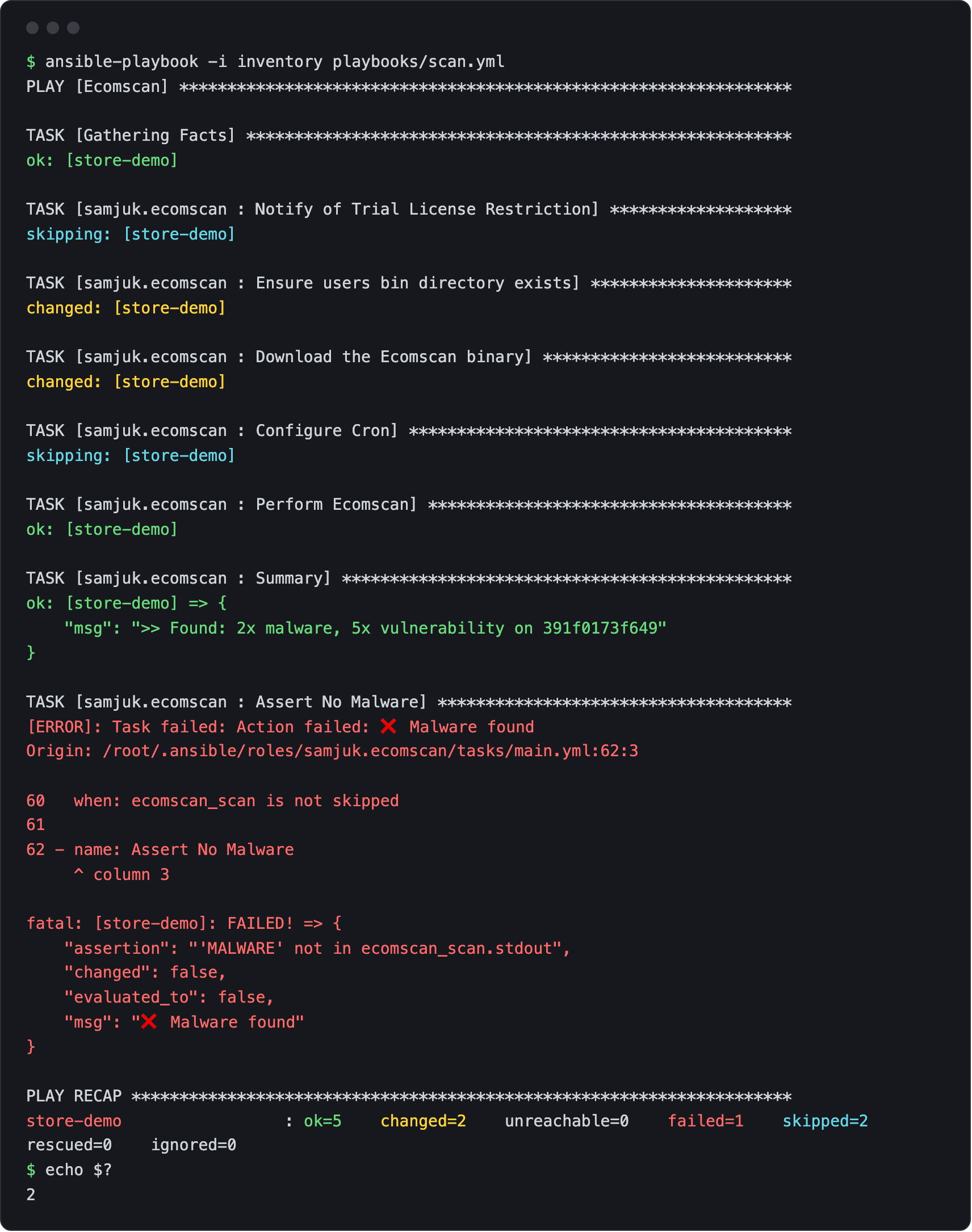 ansible-playbook output for the samjuk.ecomscan role on host store-demo: the binary downloads, the scan runs, the Summary task prints ">> Found: 2x malware, 5x vulnerability", then Assert No Malware fails with "Malware found", the recap shows failed=1, and echo $? prints 2