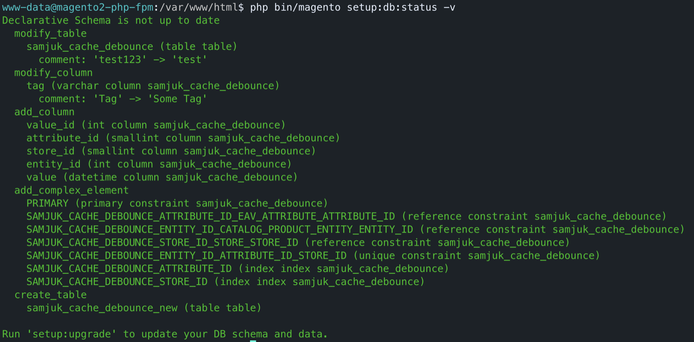 Terminal output of php bin/magento setup:db:status -v listing modified tables, columns, constraints and a new table