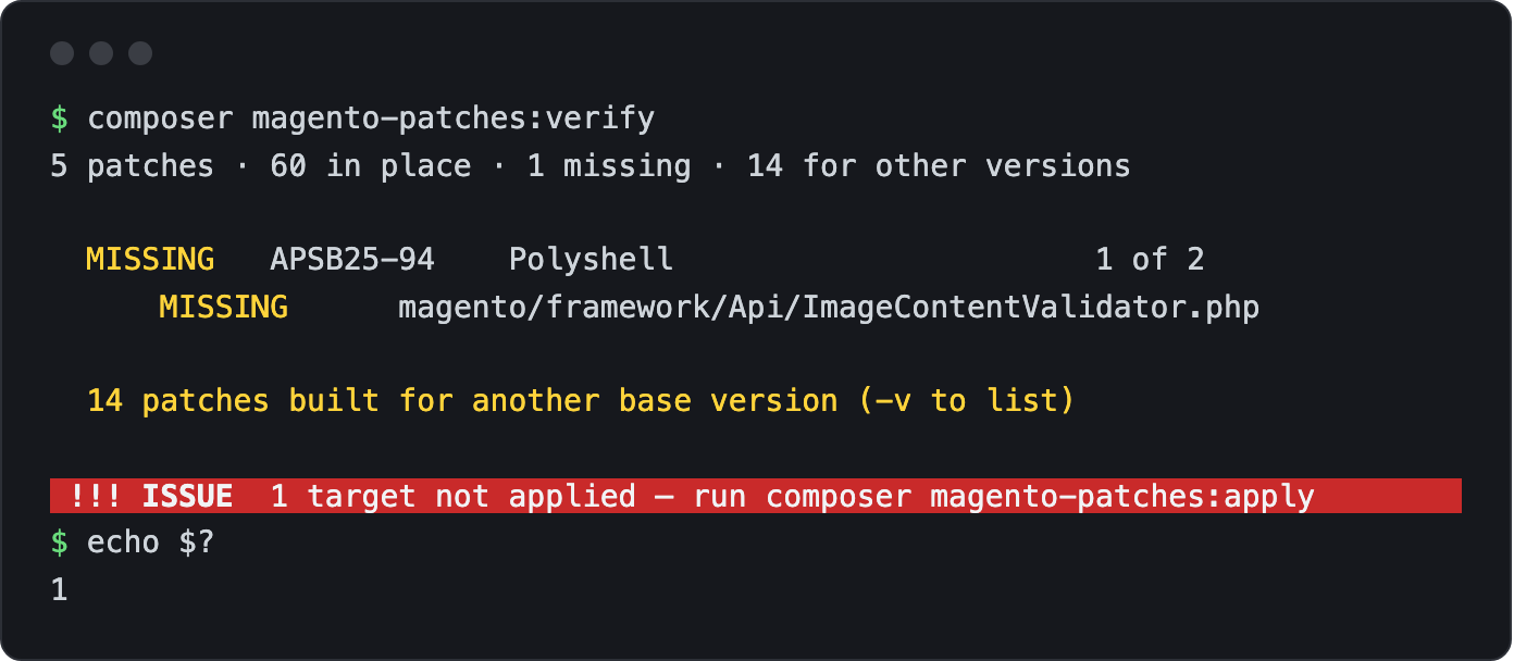Terminal output of composer magento-patches:verify: 5 patches, 60 in place, 1 missing, 14 for other versions. APSB25-94 Polyshell is missing magento/framework/Api/ImageContentValidator.php, an ISSUE bar says 1 target not applied, and echo $? prints 1